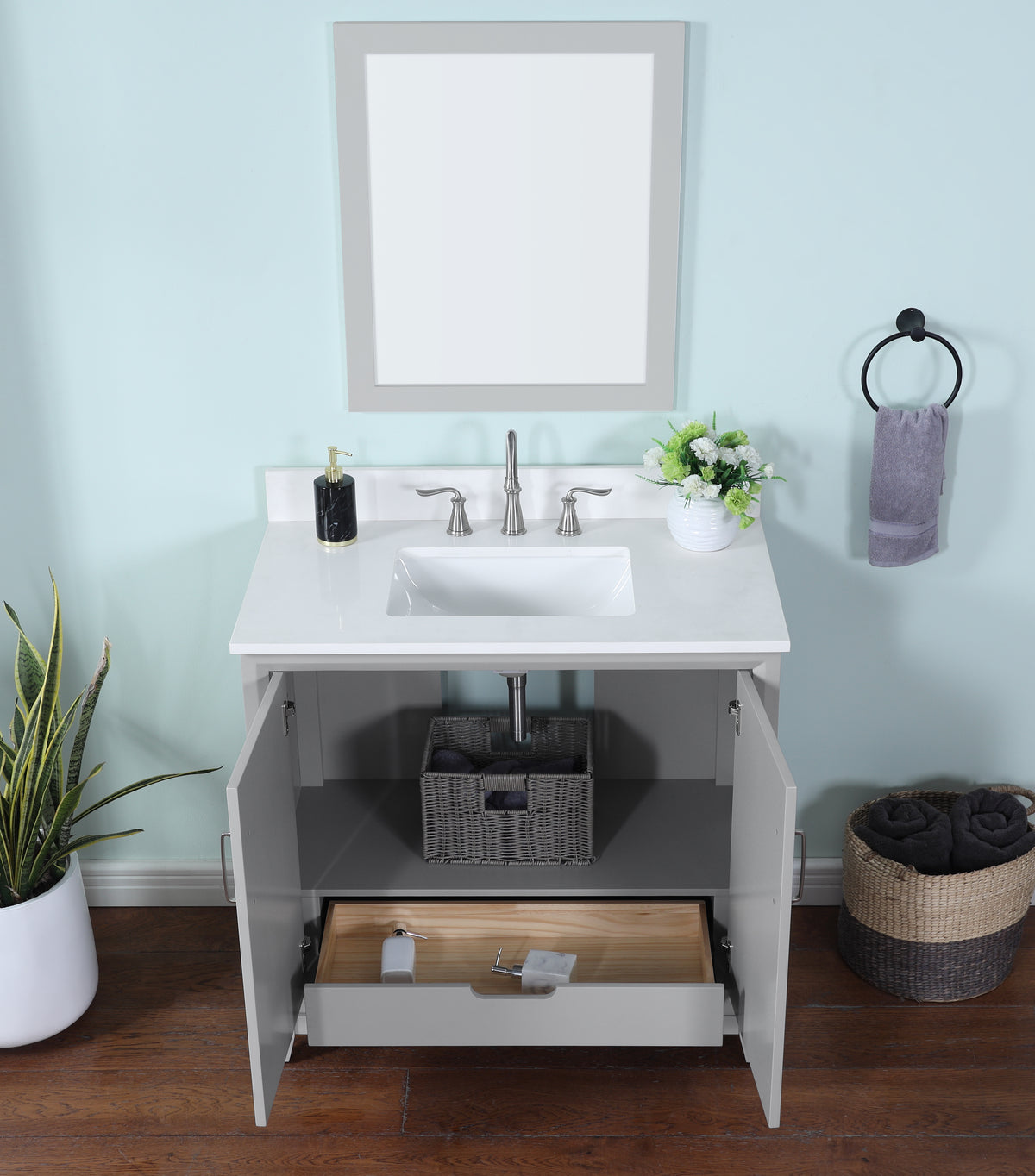 Luton 36" Vanity in Gray with Snow White Quartz Top