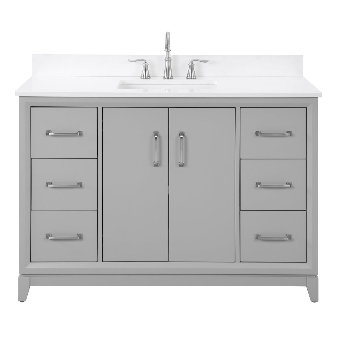 gray single vanity with quartz top, Luton 48-inch size, featuring snow white quartz countertop and sleek storage design.