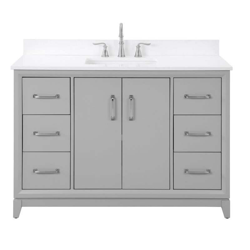 gray single vanity with quartz top, Luton 48-inch size, featuring snow white quartz countertop and sleek storage design.