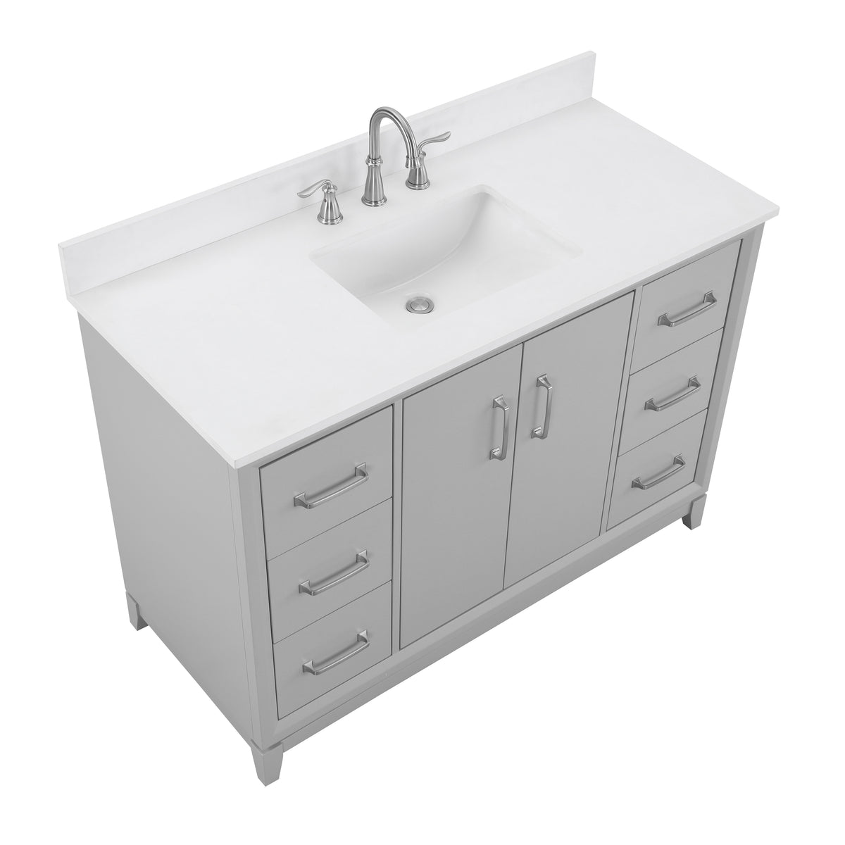 Gray single vanity with quartz top featuring a sink and multiple storage drawers.