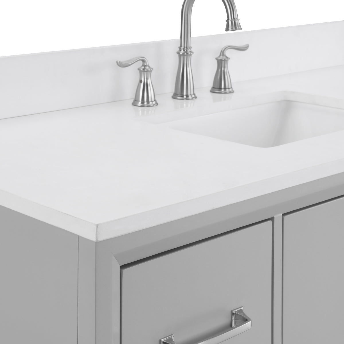 Gray single vanity with quartz top showcasing a snow white countertop and elegant faucets.