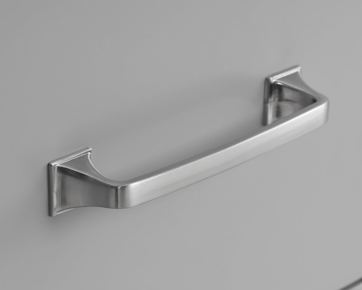 Stainless steel handle for gray single vanity with quartz top, adding a modern touch to bathroom cabinets.