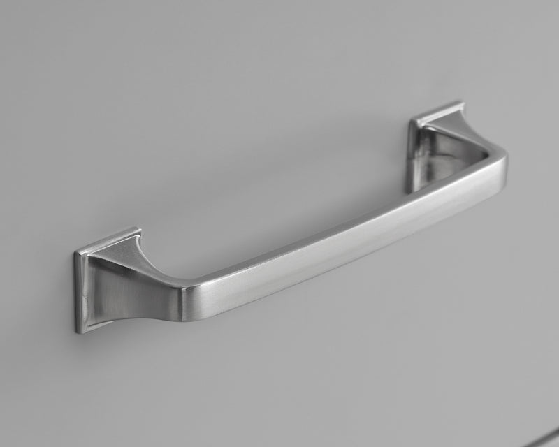 Stainless steel handle for gray single vanity with quartz top, adding a modern touch to bathroom cabinets.