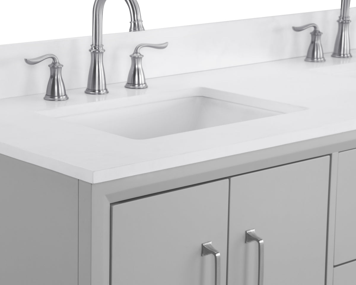 60 inch gray double vanity with quartz top featuring a white sink and modern faucet design.