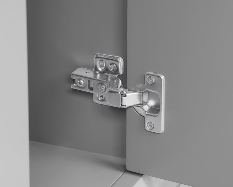 Close-up of a metal hinge on a gray cabinet door for the 60 inch gray double vanity with quartz top.