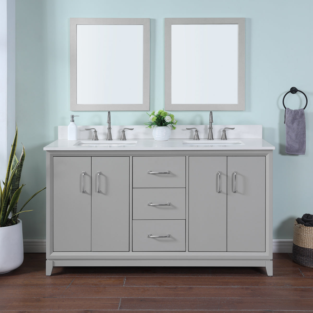 60 inch gray double vanity with quartz top featuring dual sinks and mirrors in a modern bathroom setting.