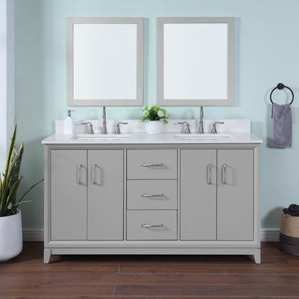 60 inch gray double vanity with white quartz top in modern bathroom setting with mirrors and plants