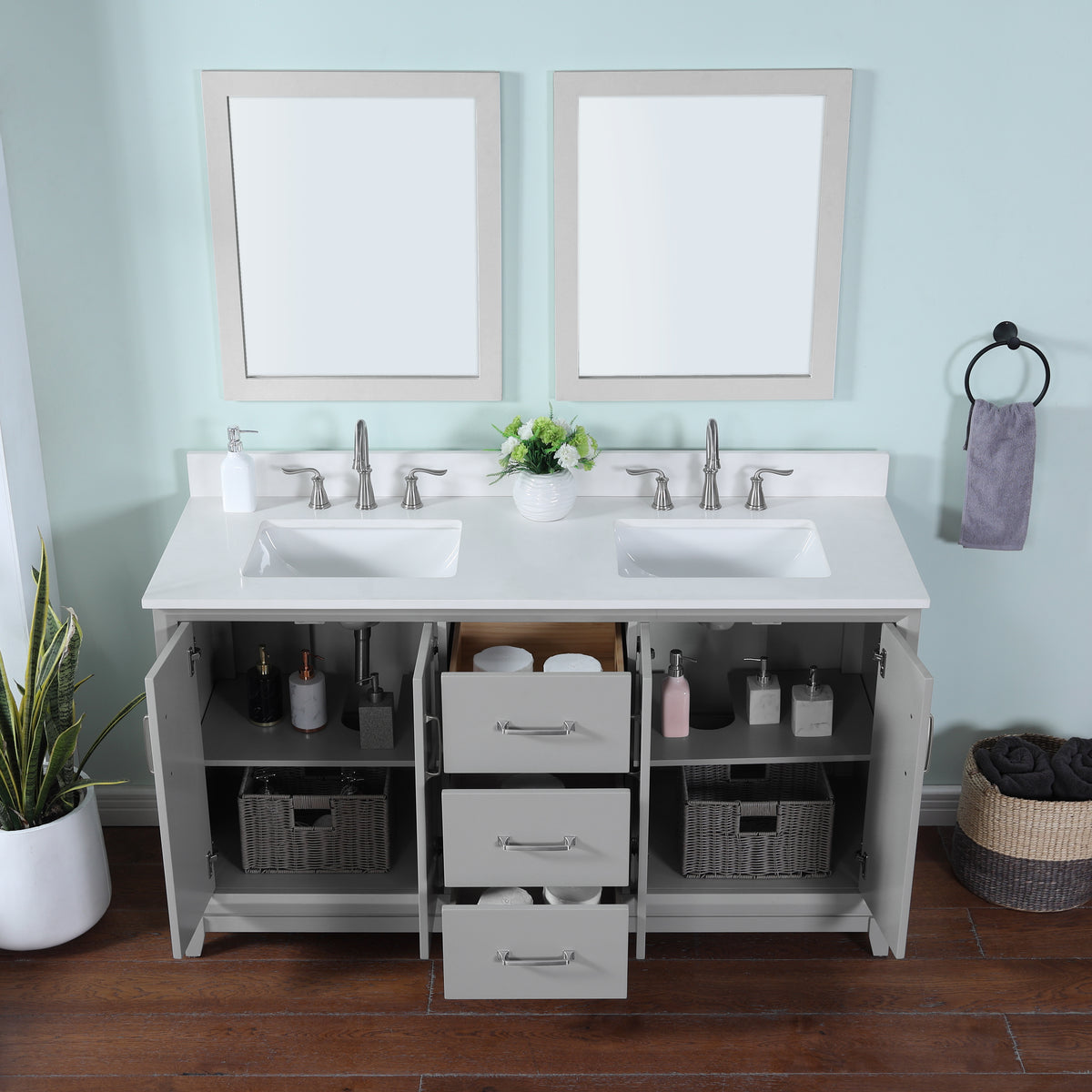 60 inch gray double vanity with quartz top featuring dual sinks and ample storage.