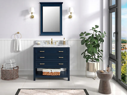 Premium Manhattan 36 inch bathroom vanity with marble top in a stylish bathroom setting.