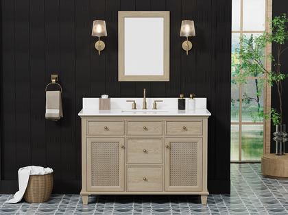Ronnie 48 inch bathroom vanity with quartz top featuring natural oak finish and stylish wall sconces.