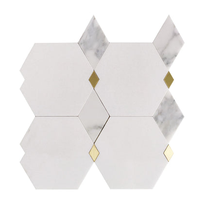 Calacatta & Thassos & Brass Marble 12-in x 12-in Waterjet Mosaic Floor and Wall Tile( 5 sq. ft. /Box )