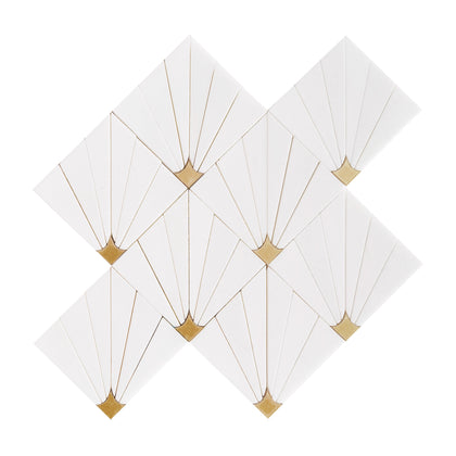 Thassos marble waterjet mosaic tile with brass accents, 11x11, elegant white and metallic design for floors and walls, polished finish.