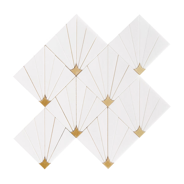 Thassos marble waterjet mosaic tile with brass accents, 11x11, elegant white and metallic design for floors and walls, polished finish.