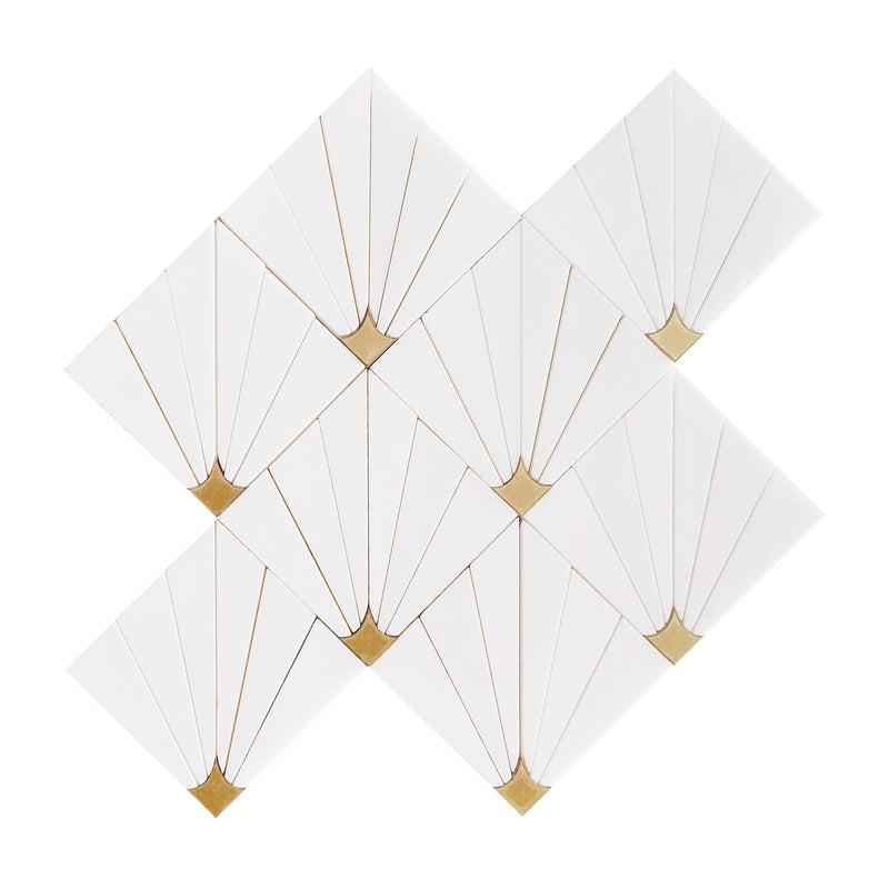 Thassos marble waterjet mosaic tile with brass accents, 11x11, elegant white and metallic design for floors and walls, polished finish.