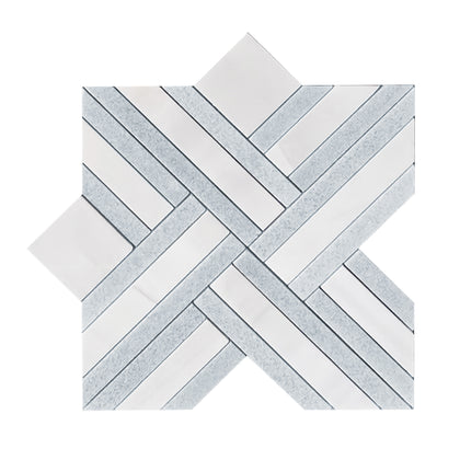 Single piece of Blue Celeste and Dolomite Marble Waterjet Mosaic Tile – 12x12 inch floral pattern