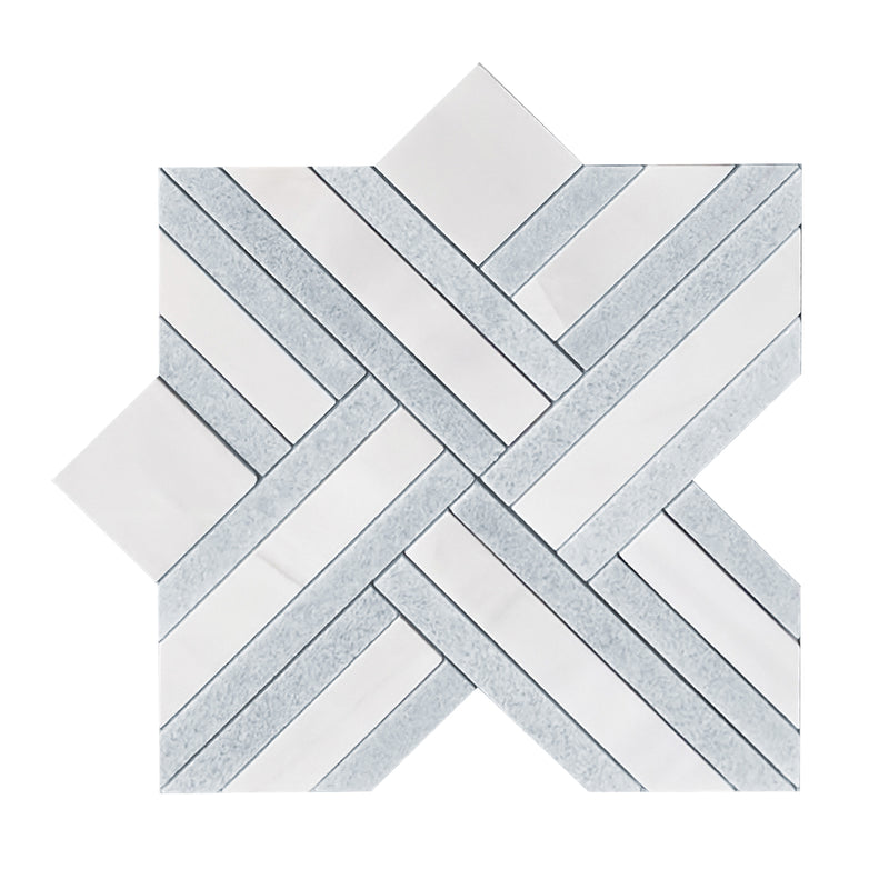 Single piece of Blue Celeste and Dolomite Marble Waterjet Mosaic Tile – 12x12 inch floral pattern