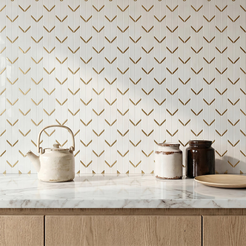 Dolomite White Marble with Arrow Gold Brass Accent 14-in x 12-in Waterjet Mosaic Wall Tile( 5 sq. ft. /Box )