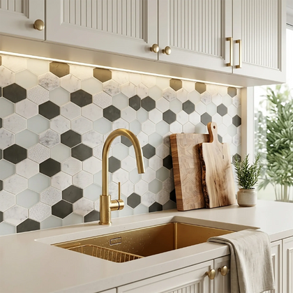 Anthracite Geo Hexagon Sequin Pattern 12-in x 13-in Marble with Glass Mosaic Wall Tile( 5.4 sq. ft. /Box )