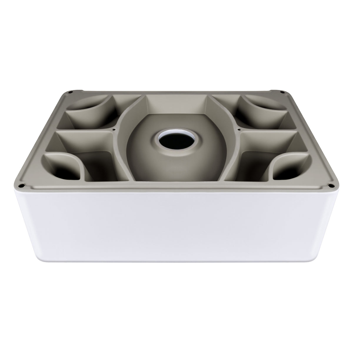 30 inch white ceramic farmhouse sink showing apron front and deep single bowl design.