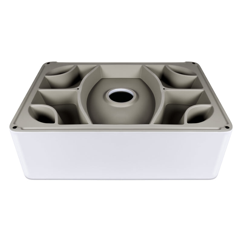 30 inch white ceramic farmhouse sink showing apron front and deep single bowl design.
