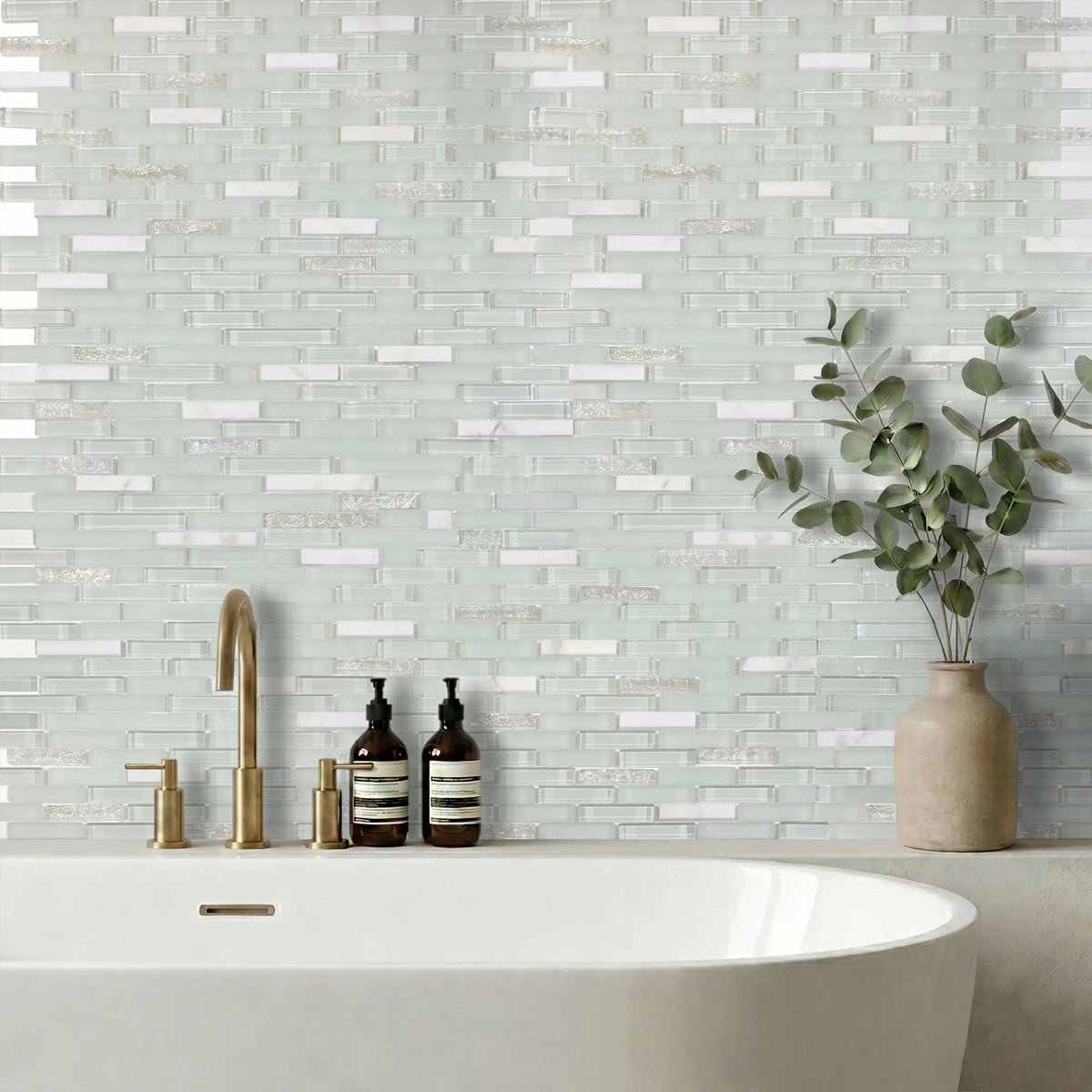 12-in x 12-in Ballentine Marble & Glass Mix Random Strip Mosaic Wall Tile( 10 sq. ft. /Box )