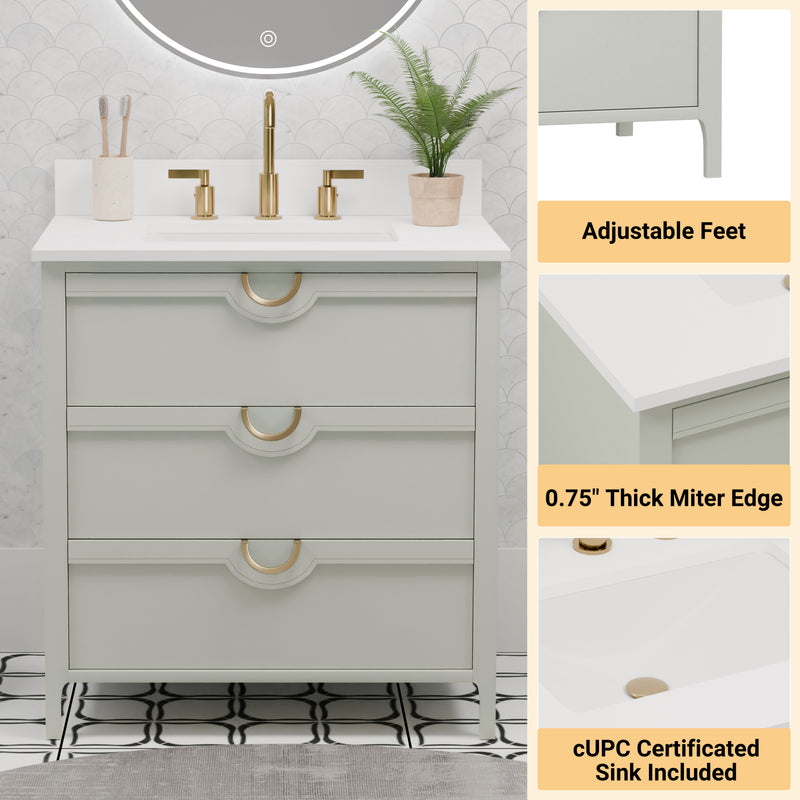 Yulan 30" Single Vanity With Pure White Quartz Top