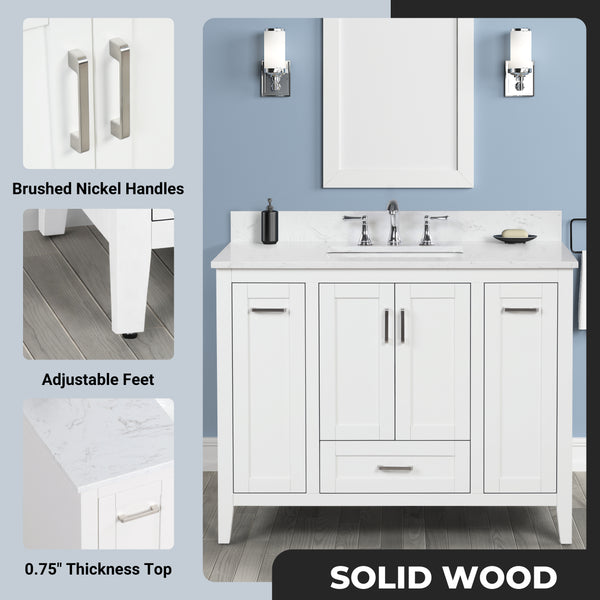 Milford 42" Single Vanity With Carrara white Quartz Stone Top