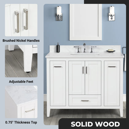 Milford 42" Single Vanity With Carrara white Quartz Stone Top