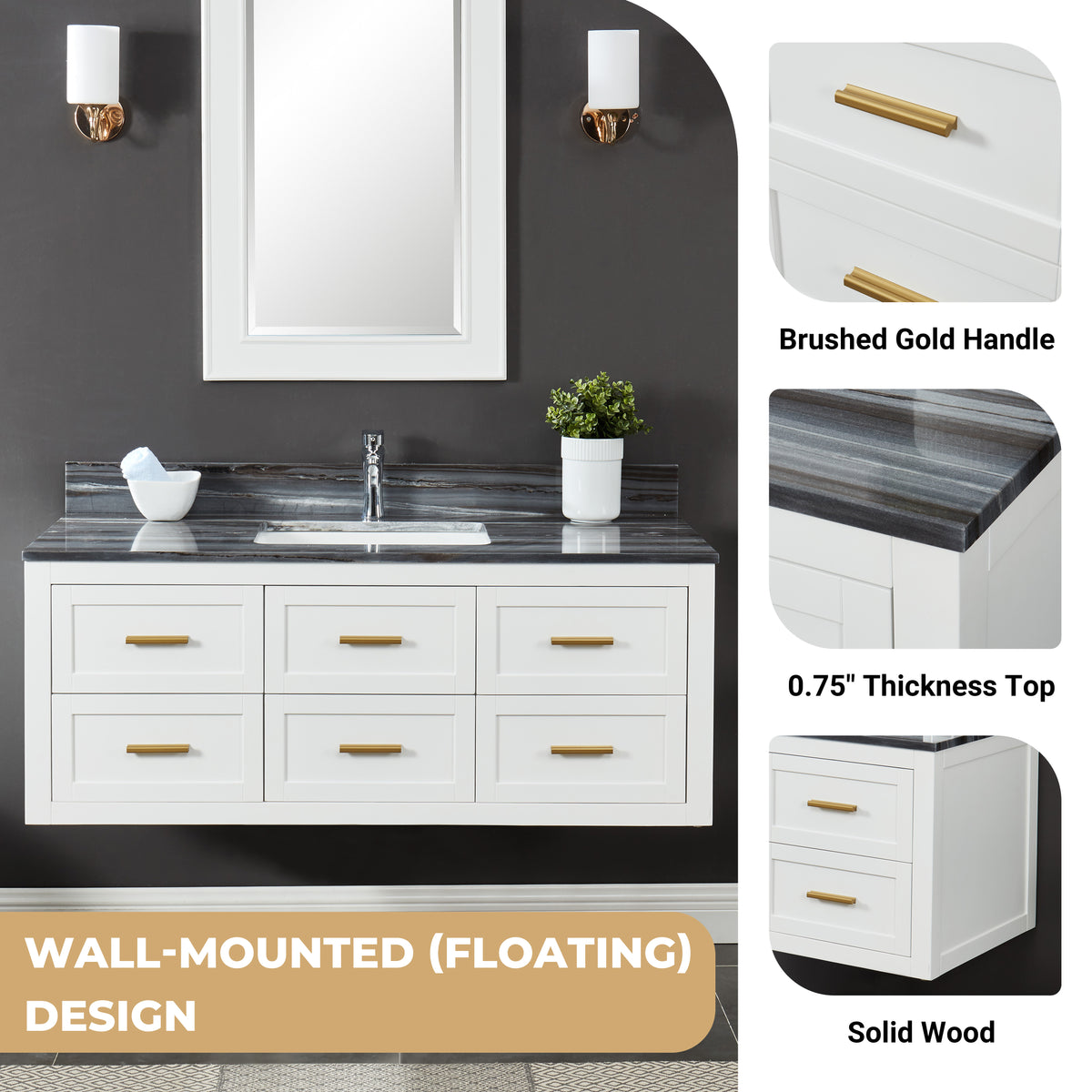 Ralph 48" Wall Mounted Vanity with Palissandro Blue Marble Top