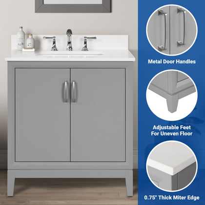 60 inch gray double vanity with white quartz top featuring metal door handles and adjustable feet for uneven floor.