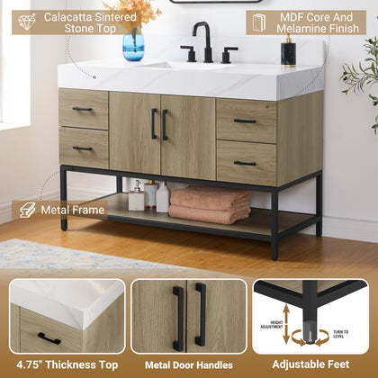 Utopia 48 inch vanity with sintered stone top showcasing dark oak finish and metal frame design.