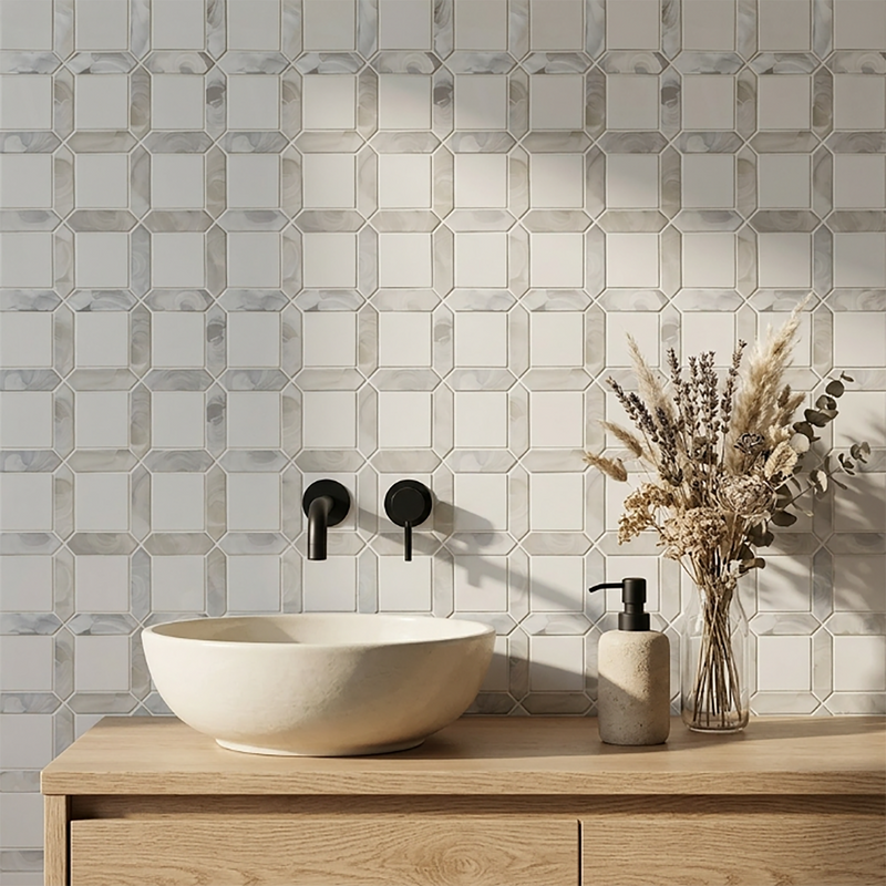 Thassos White Marble & Hot 11-in x 11-in Glass Mosaic Wall Tile( 12.6 sq. ft. /Box )
