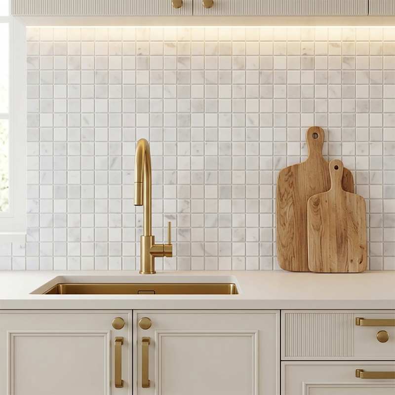 1-in Oriental White 12-in x 12-in Polished Marble Mosaic Floor and Wall Tile( 5 sq. ft. /Box )