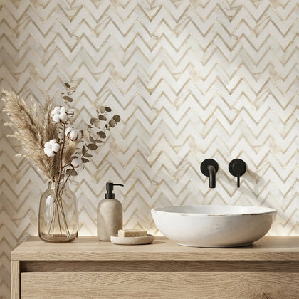 Zigzag Calacatta White with Gold Metal 13-in x 11-in Waterjet Mosaic Wall Tile ( 5 sq. ft. /Box )
