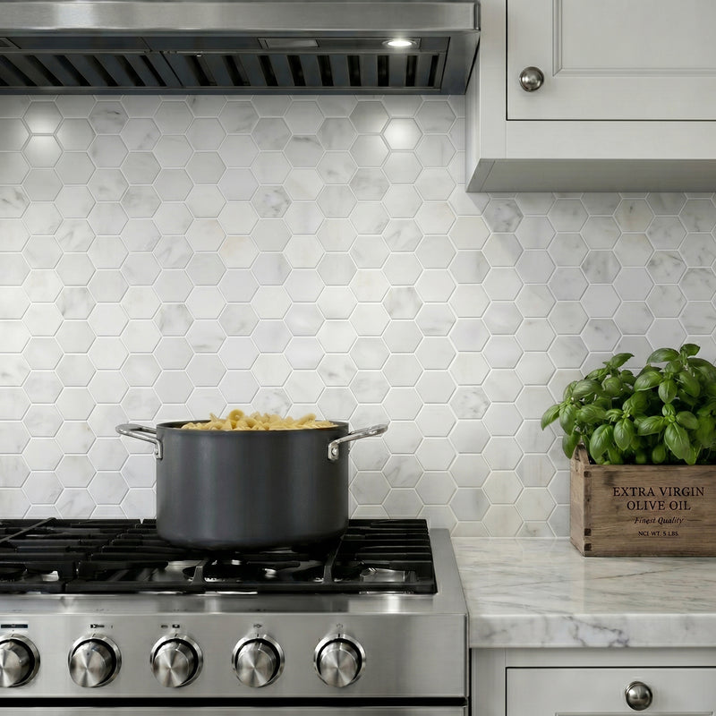 2-in Calacatta Hexagon 12-in x 12-in Polished Marble Mosaic Floor and Wall Tile( 5 sq. ft. /Box )