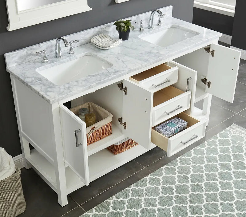 60 inch Manhattan vanity with Carrara marble top featuring double sinks and storage drawers.