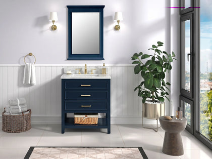Premium Manhattan 30 inch bathroom vanity with marble top in modern bathroom setting.