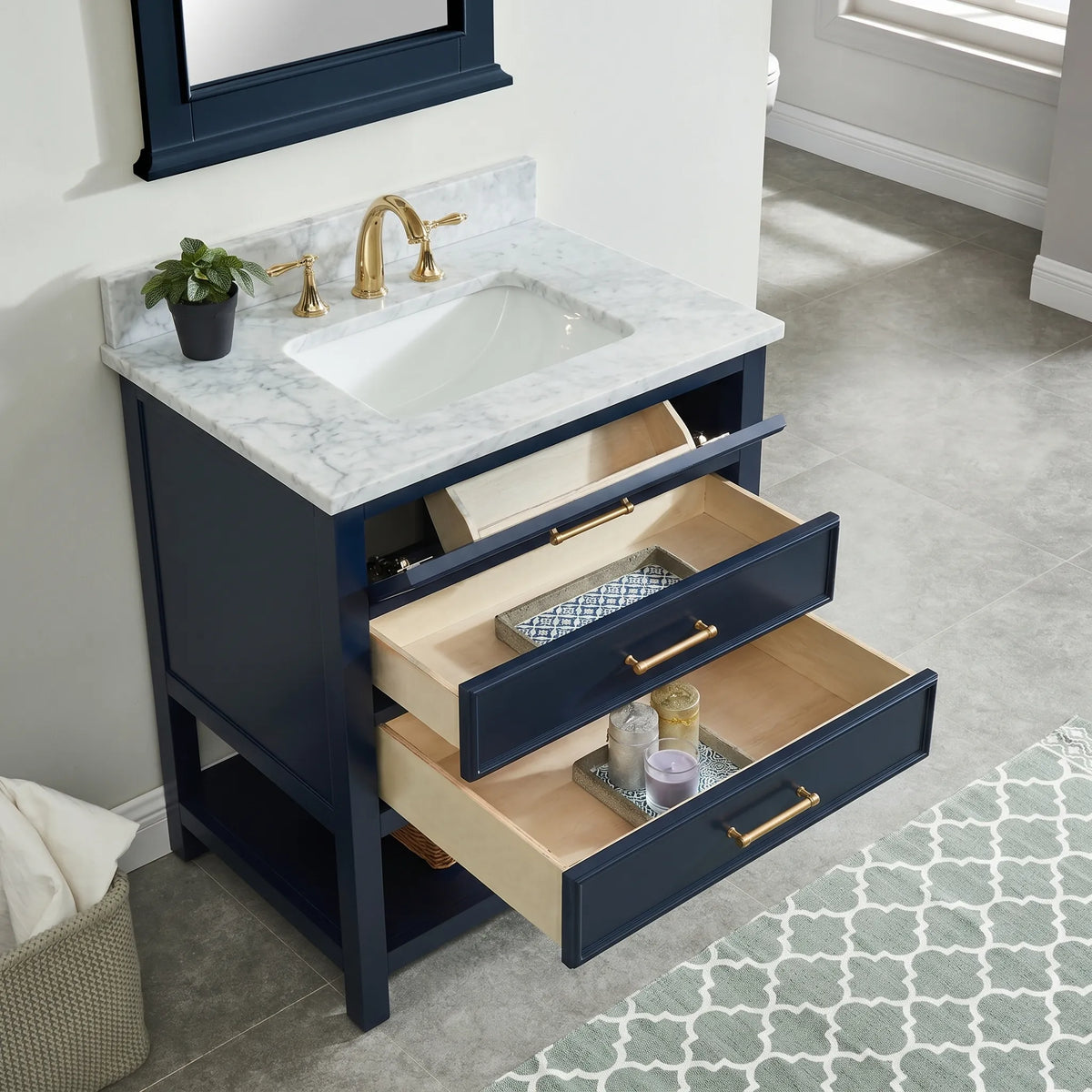 Premium Manhattan  30" Vanity With Premium Carrara Marble Top