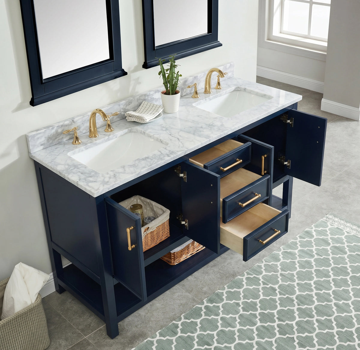 60 inch Manhattan vanity with Carrara marble top featuring double sinks and stylish storage drawers.