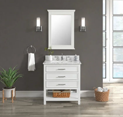 Premium Manhattan 30 inch bathroom vanity with marble top in modern bathroom setting.