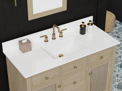 48 inch bathroom vanity with quartz top featuring natural oak cabinetry and elegant gold fixtures.