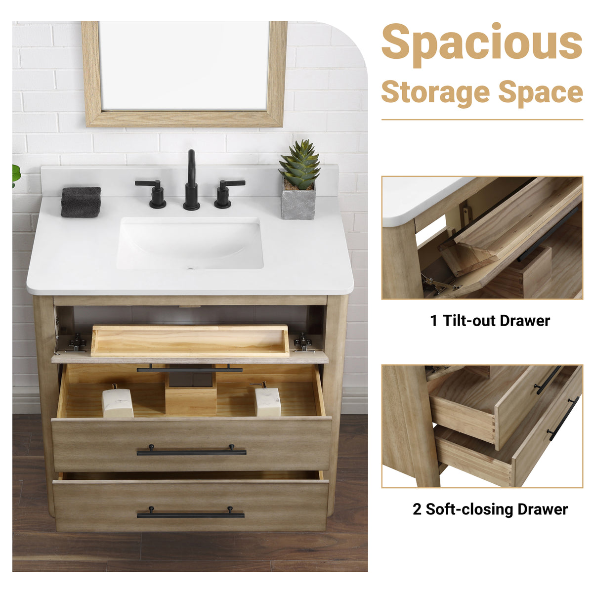 Safford 36 inch bathroom vanity quartz top featuring spacious storage with drawers and sleek design.