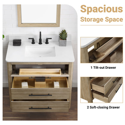 36 inch light wood bathroom vanity with Carrara quartz top, modern design with smart storage and natural warmth.