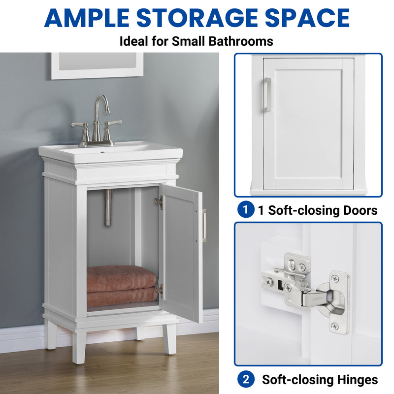 Elmington white vanity with porcelain top showcasing ample storage space and soft-closing doors, ideal for small bathrooms.