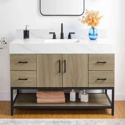 Utopia 48 inch vanity with sintered stone top showcasing dark oak finish and modern basin design.