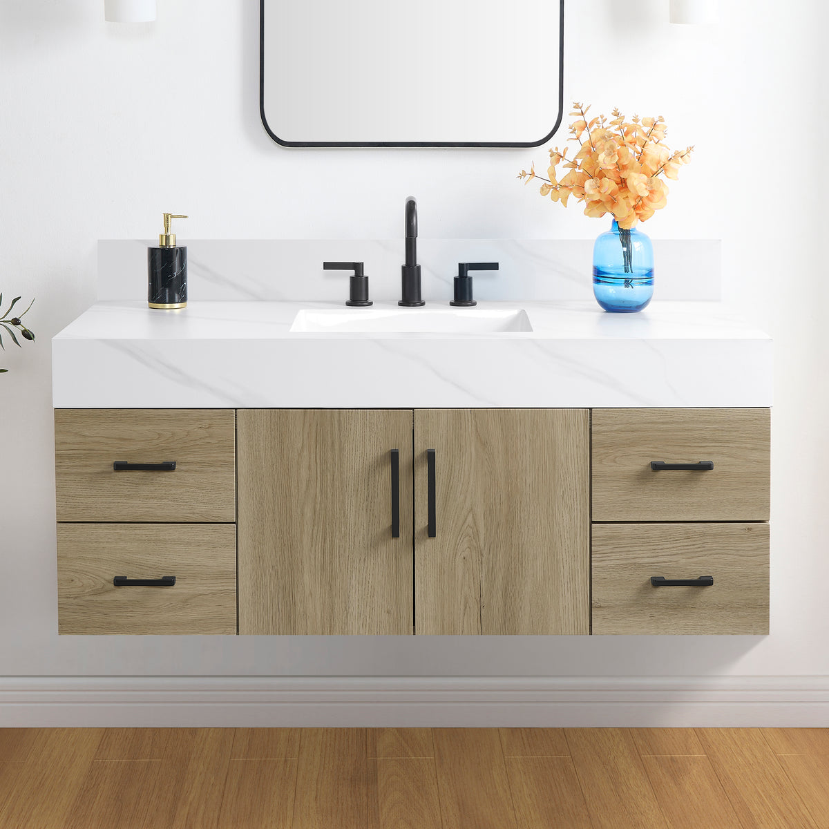 dark oak bathroom vanity with sintered stone top, modern design, stylish storage, enhancing bathroom aesthetics.