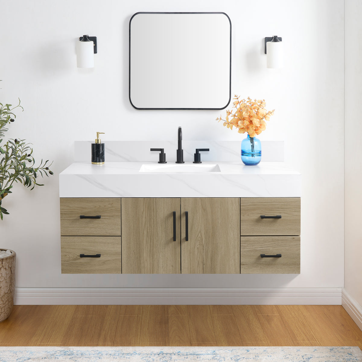 Dark oak bathroom vanity with sintered stone top in a modern bathroom setting, featuring sleek design and elegant decor.