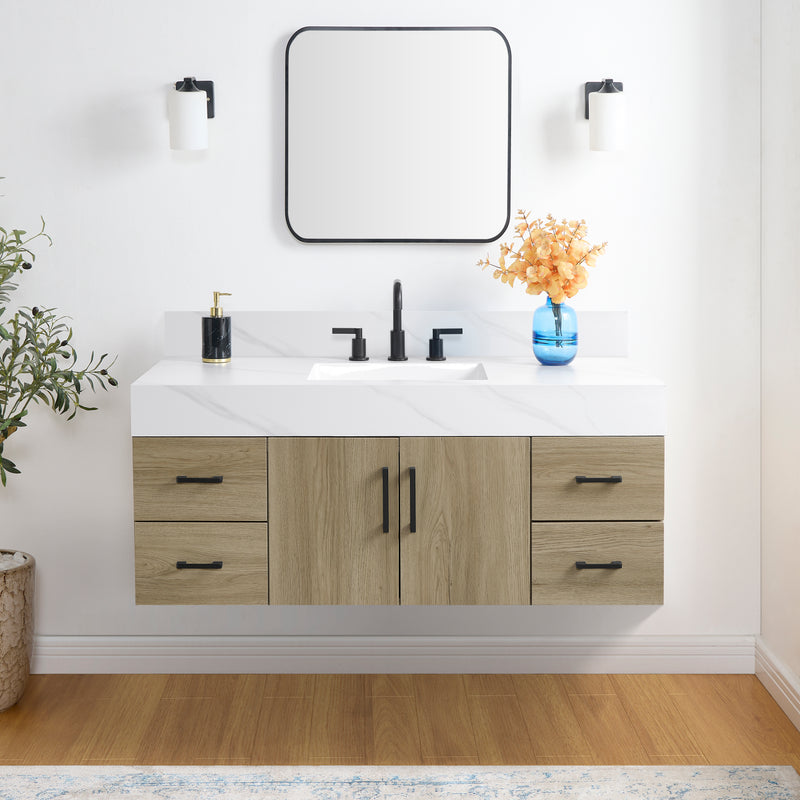 Dark oak bathroom vanity with sintered stone top in a modern bathroom setting, featuring sleek design and elegant decor.
