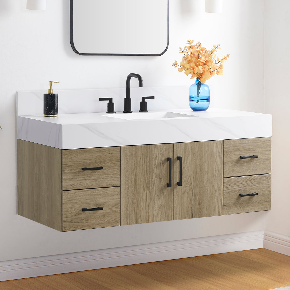 Utopia 48" Bathroom Vanity in dark oak with sintered stone top against a minimalist bathroom wall.