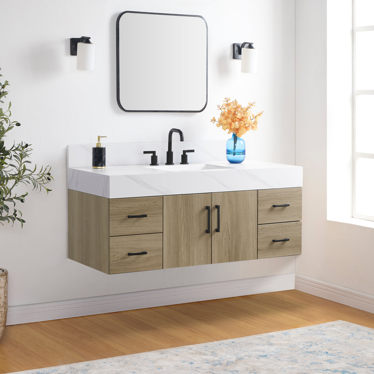Utopia 48" Bathroom Vanity in Dark Oak with Calacatta Sintered Stone Top, modern design with intelligent storage.